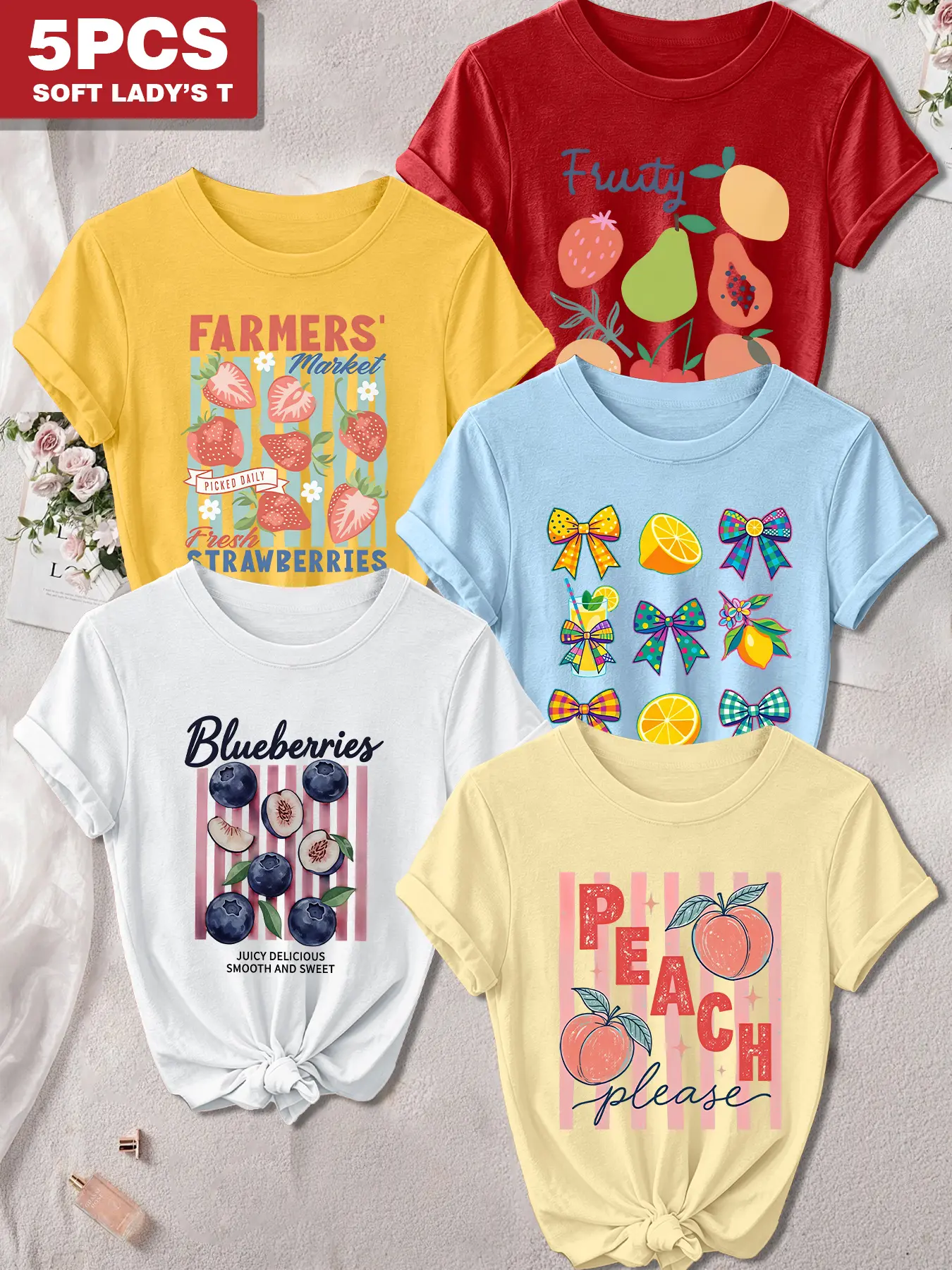 5Pcs Women Crew Neck T-Shirt, Sweet Retro Print Fresh Fruits Strawberry, Blueberry & Peach Farmers Market Design, Multi-color Available, Machine Washable, Soft Skin-friendly Spring Summer Daily Stylish Top