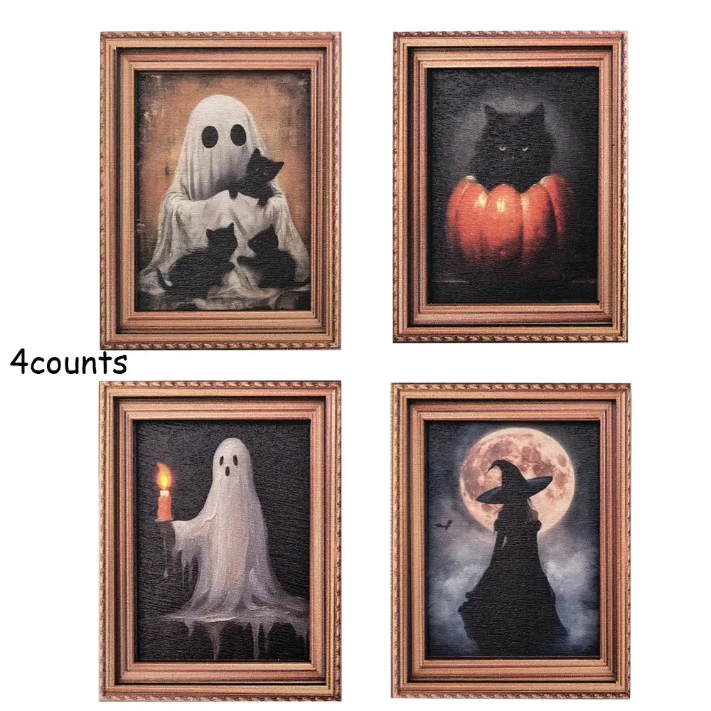 4 Piece Halloween Magnetic Refrigerator Magnets Set, Vintage Frame Design, Ghost Pumpkin Witch Hat, Party Home Office Decor