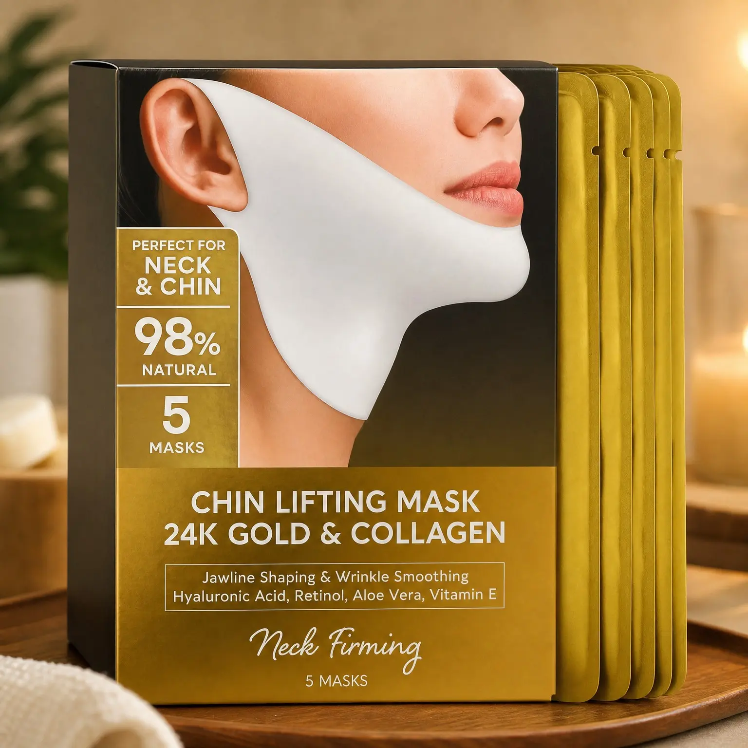 V Line Lifting Mask with 24K Gold, Collagen, Retinol & Hyaluronic Acid – Jawline Shaper & Double Chin Strap for Women – Neck Tightening & Firming Face LiftGift