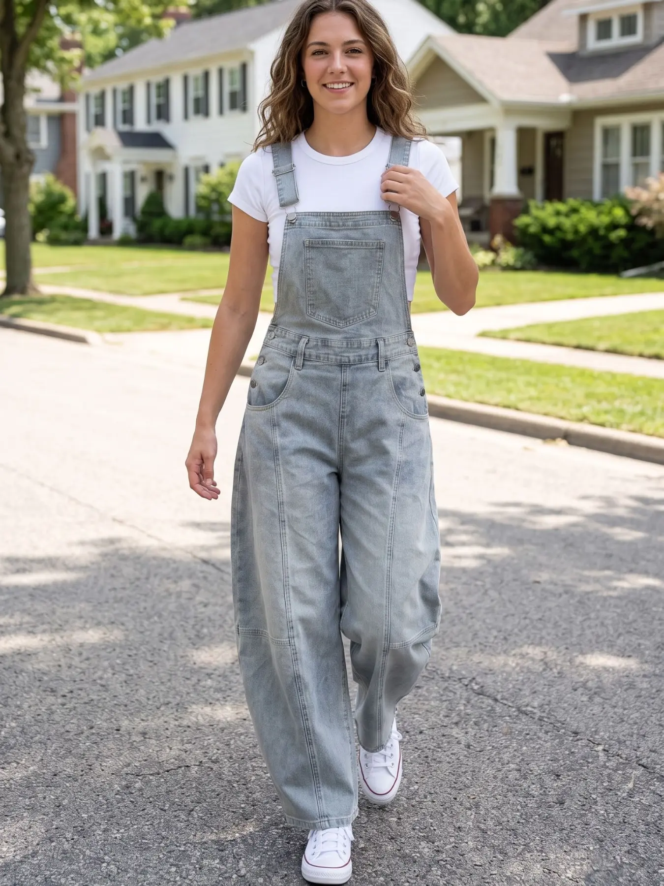 Women's Vintage Light Wash Denim Jumpsuit, Loose Fit Wide Leg Jeans, Adjustable Straps, Casual Streetwear, All Seasons