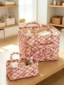 Vintage Red Plaid Bow Quilted Handheld Storage Basket, Foldable Bathroom Tabletop Storage Box Available in Multiple Sizes and Quantities, Cute Home Decor Gift for Women