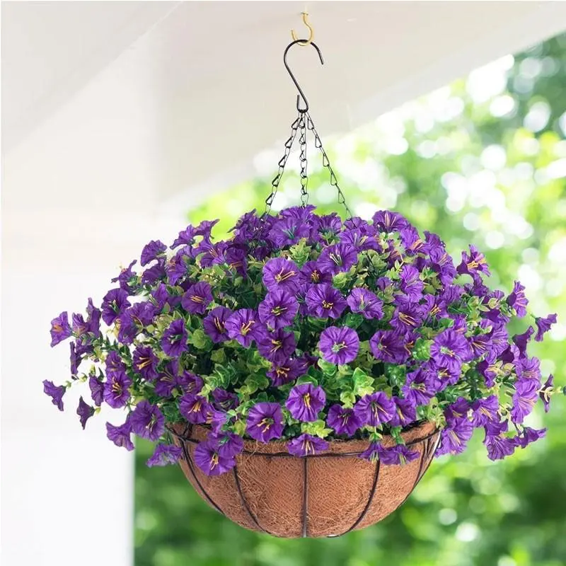 Artificial hanging plants - decorative flower baskets for outdoor use, purple morning glory hanging basket. The appearance is realistic, resistant to ultraviolet rays, suitable for home decoration of outdoor porches, terraces and balconies.