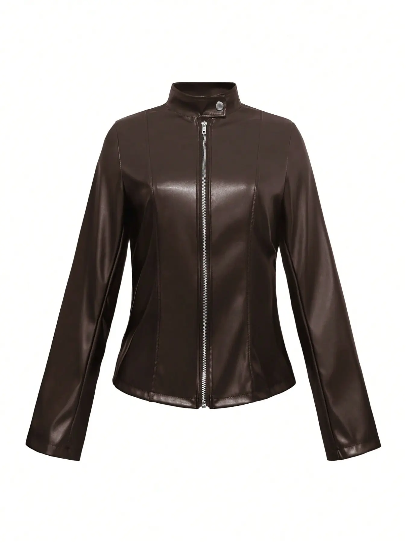Women's PU Leather Jacket, Long Sleeve Motorcycle Style, Metal Zipper, Stand Collar, Casual Fashion, Spring Summer Fall Winter
