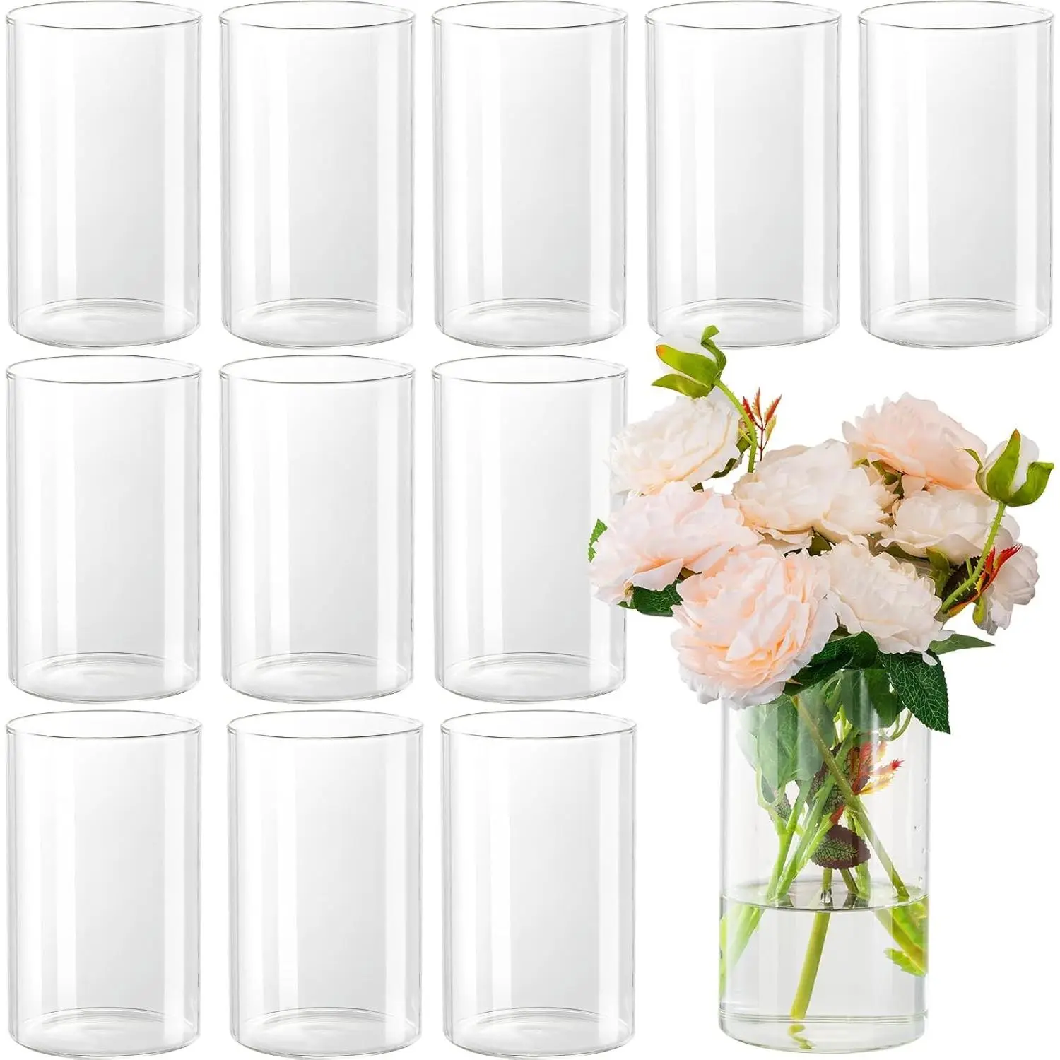 12Pcs 6 Inch Clear Glass Cylinder Vases, Flower Vases & Floating Candle Holders for Table Centerpieces, Wedding Decorations, Home Décor