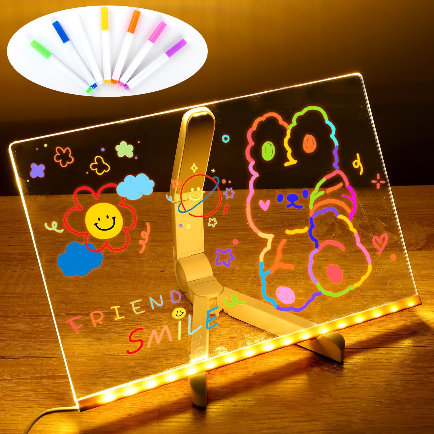LED Light Up Note Board with 7-Color Dry-Erase Pen, USB Powered Acrylic Message Board with Stand, LED Backlit Novelty Lighting for Office School Home, LED Backlight