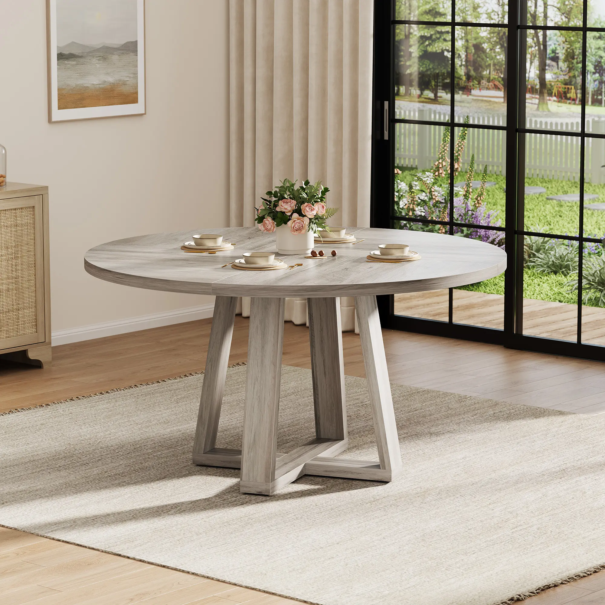 47 Inch Round Dining Table Modern Wooden Kitchen Table with Metal Pedestal Base for 4-6 People Space Saving Circular Furniture for Dining Room