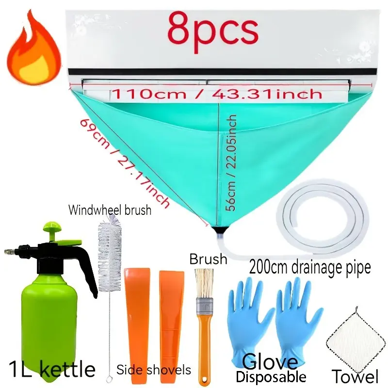 8pcs Air Conditioner Cleaning Kit, Professional Hanging Water Bag, Dust Removal Tool, Summer Ac Cleaner Set with Side Scoop, Towel, Gloves, Spray Bottle, Brush