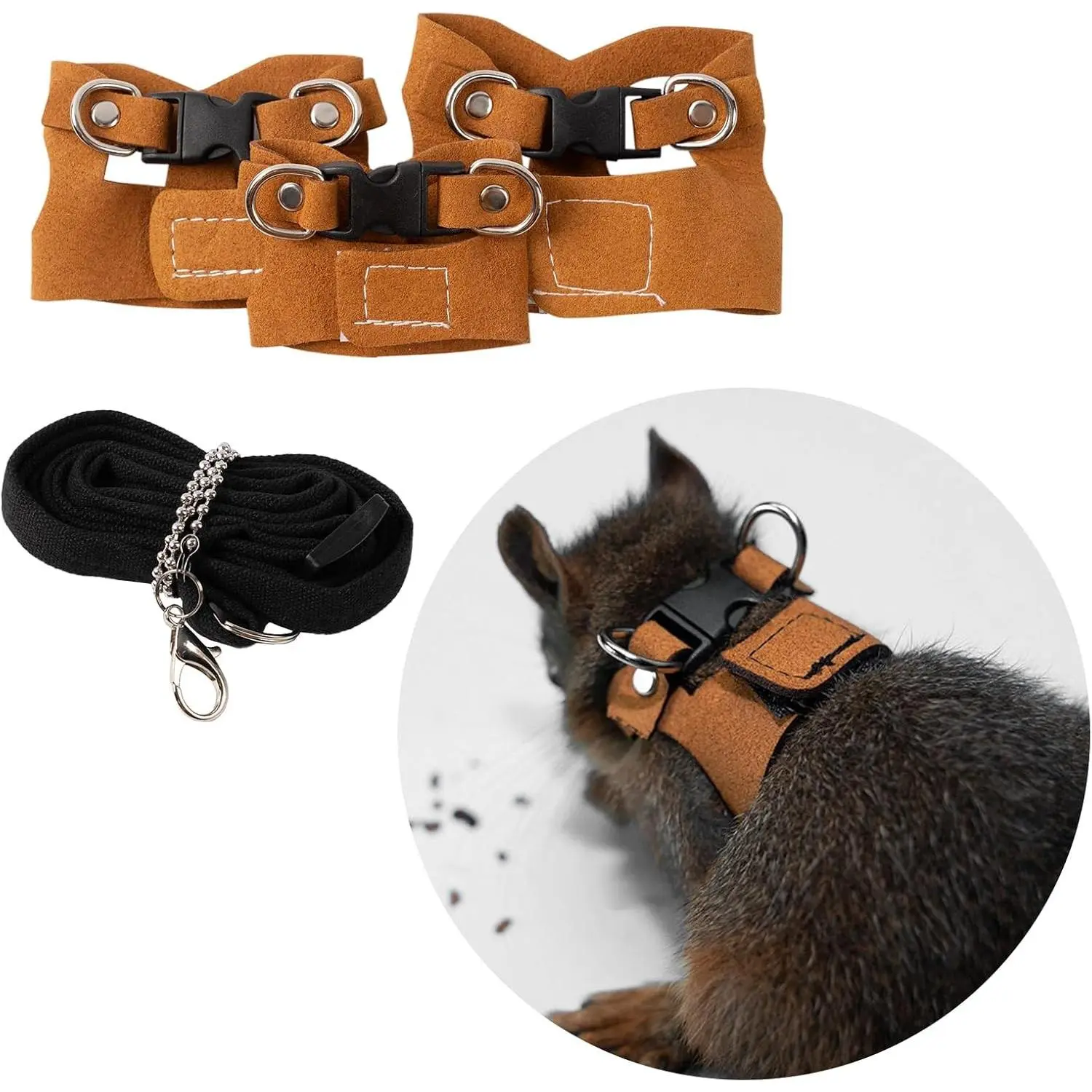 3Pcs Vest-Style Adjustable Rat Harness & Leash Set Pack - 3 Piece Sets for Small Animal Walking Training, Ideal for Squirrel, Gerbil, Chinchilla (Brown)