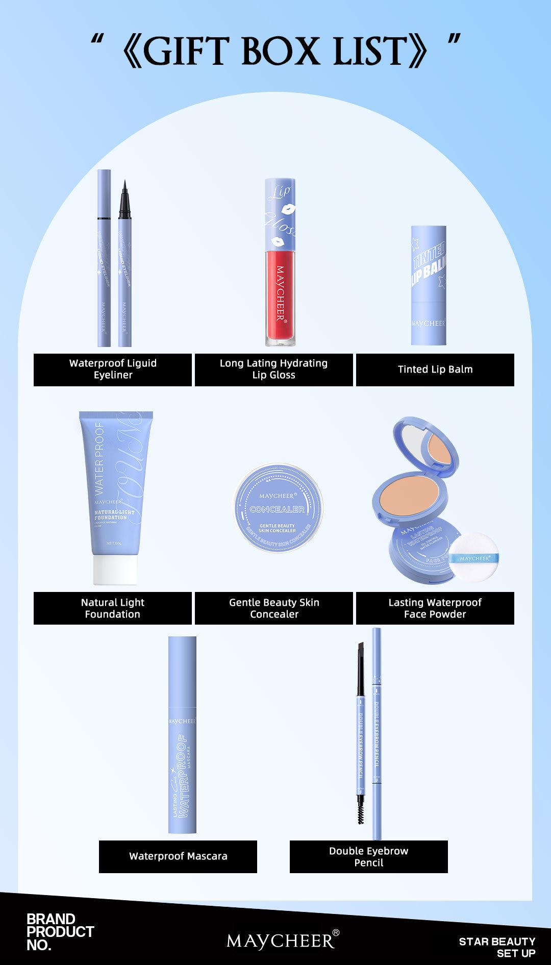 MAYCHEER Heart-to-Heart Beauty Makeup Set: Lipstick, Lip Gloss, Eyeliner, Eyebrow Pencil, Foundation, Powder Set