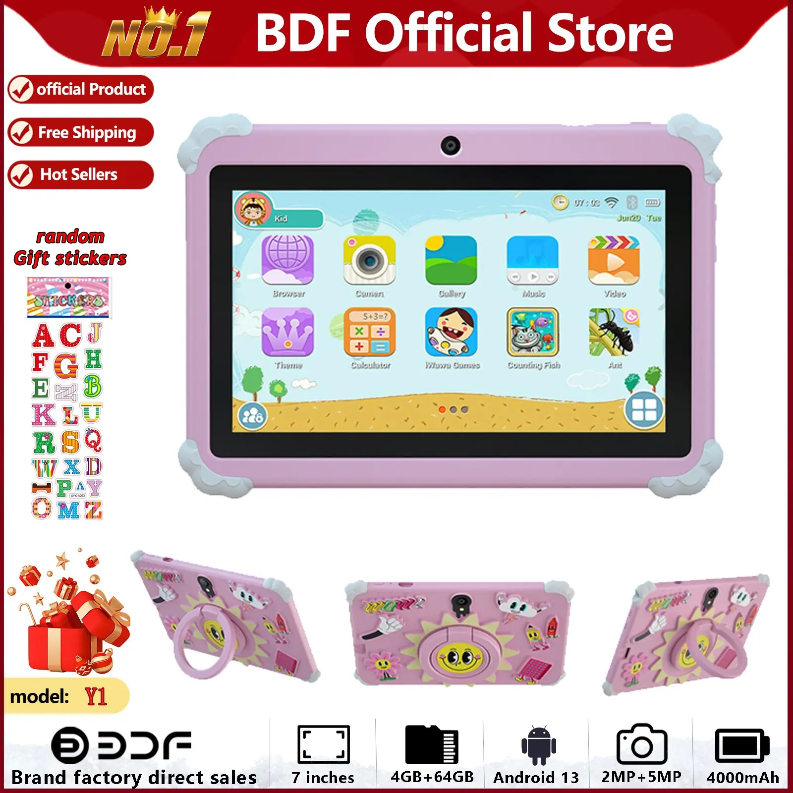 Educational Tablet, 7-Inch Android 13, 4GB RAM 64GB Storage, Quad-Core Processor, HD Screen, Dual Cameras, 4000mah Battery