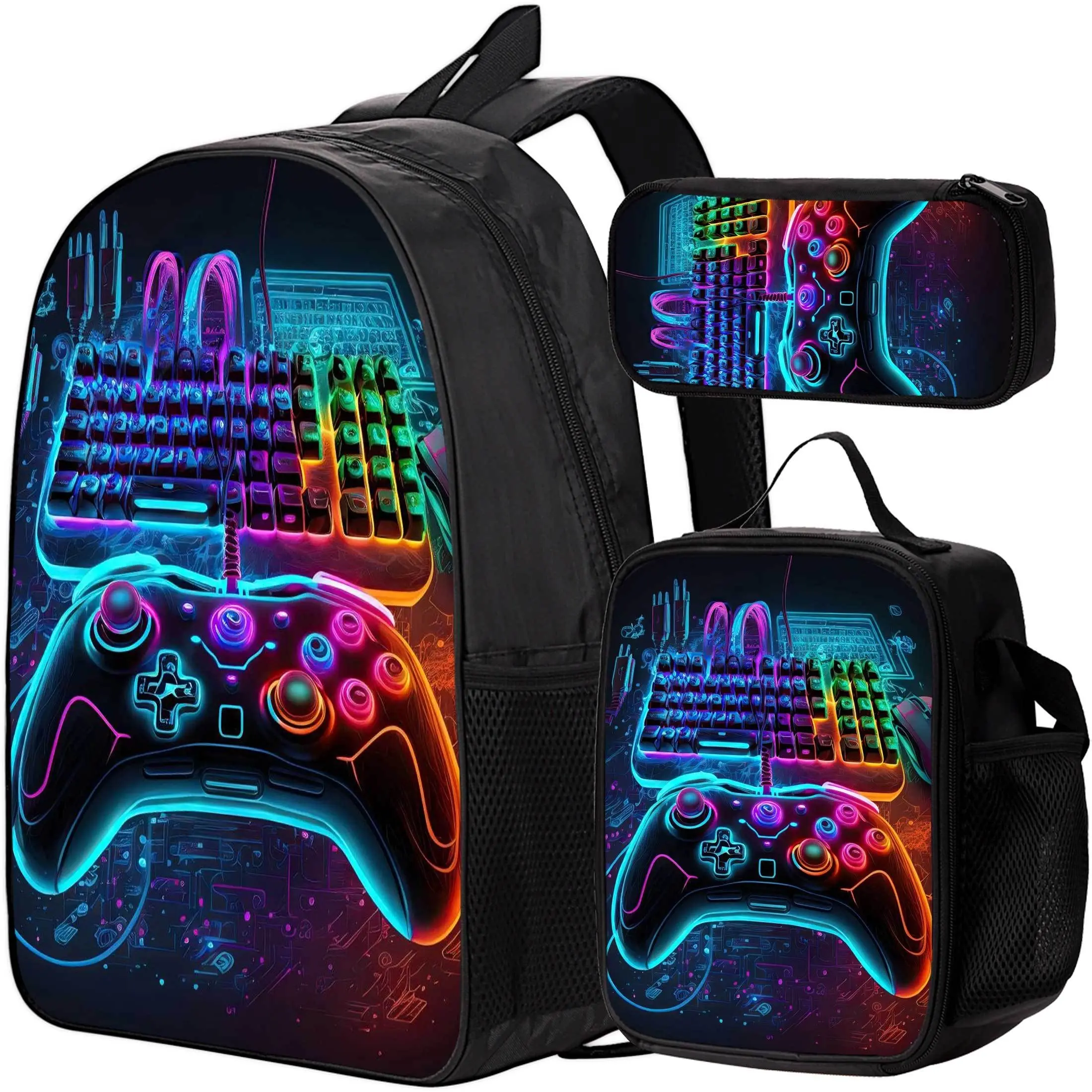 Cyber Neon Game Controller 3Pcs Backpack Set, Crossbody Storage Bag And Zipper Pouch Included, Trendy Unique Daily Commute Bags For Young Gaming Fans # TikTokMadeMeBuyIt # GamerBagSet # TeenSchoolEssentials # FullPrintGameBag # YouthTravelGear