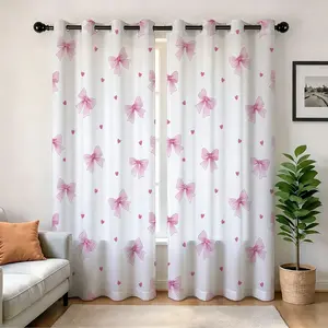 Digital Print Semi-Sheer Drapes, Elegant Bow Pattern, Polyester, Privacy Protection, Quick Install, Home Decor, Gift Idea