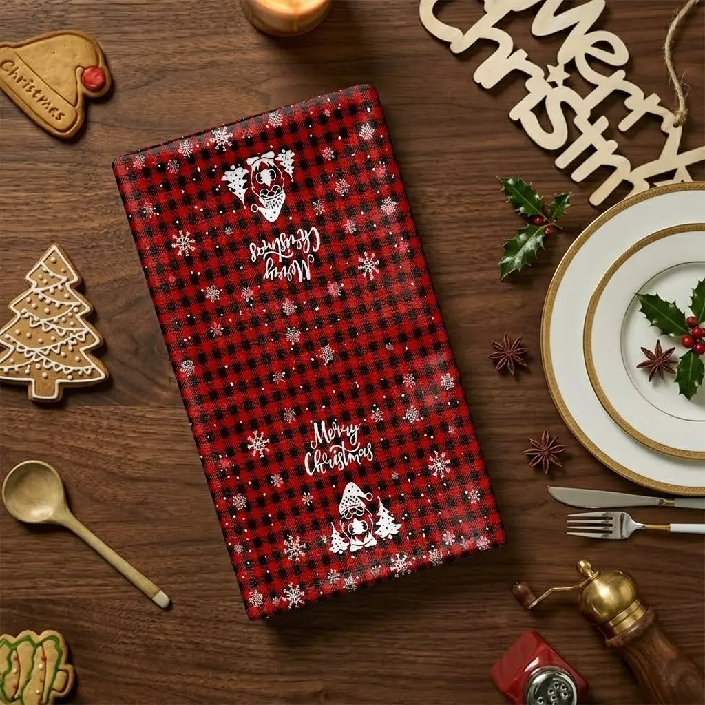 1pcs Christmas Red Black Buffalo Plaid Gnome Kitchen Towels, Snowflake Merry Christmas Print Soft Absorbent Dish Cloths, Machine Washable Multi-Purpose Hand Towel for Kitchen, Bathroom, Dining Table Xmas Home Decor