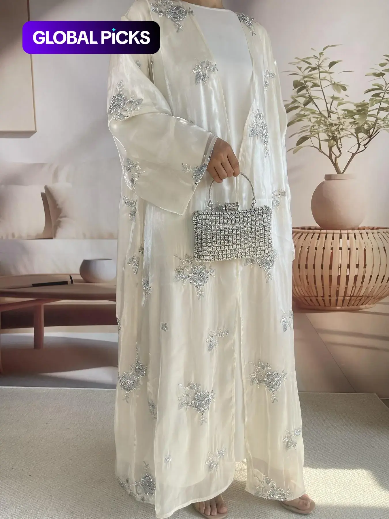 Women's Silver-Colored Rose Embroidered Organza Abaya 2-Piece Set, Open Front Abaya & Inner Dress, Elegant Outfit for Special Occasions, Floral Embellished Abaya, Elegant Islamic Clothing