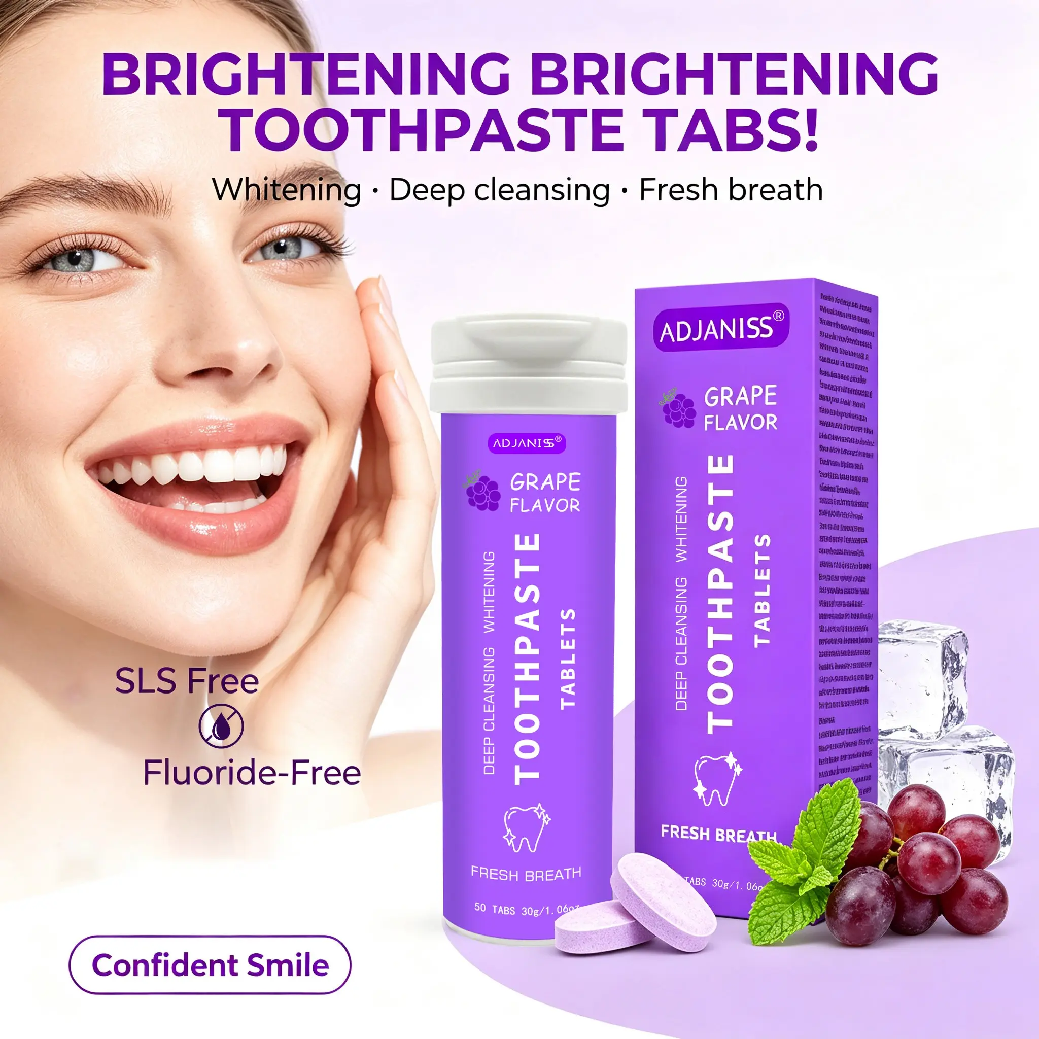 Grape Whitening Tooth Tablets, Oral Care, Mouth Care, Contains Hydroxyapatite, Probiotics, Xylitol, Fresh Breath, Strengthens Enamel, 30g, Toothpaste