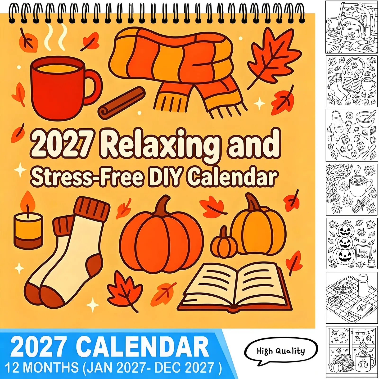 2027 Fall Cozy DIY Coloring Calendar 12 Months Stress Relief Relaxing Hand-drawn Line Art Desk Calendar Autumn Pumpkin Warm Theme Art Craft Gift for Adults Kids,TikTokMadeMeBuyIt,coloring calendar,kids calendar,aesthetic calendar