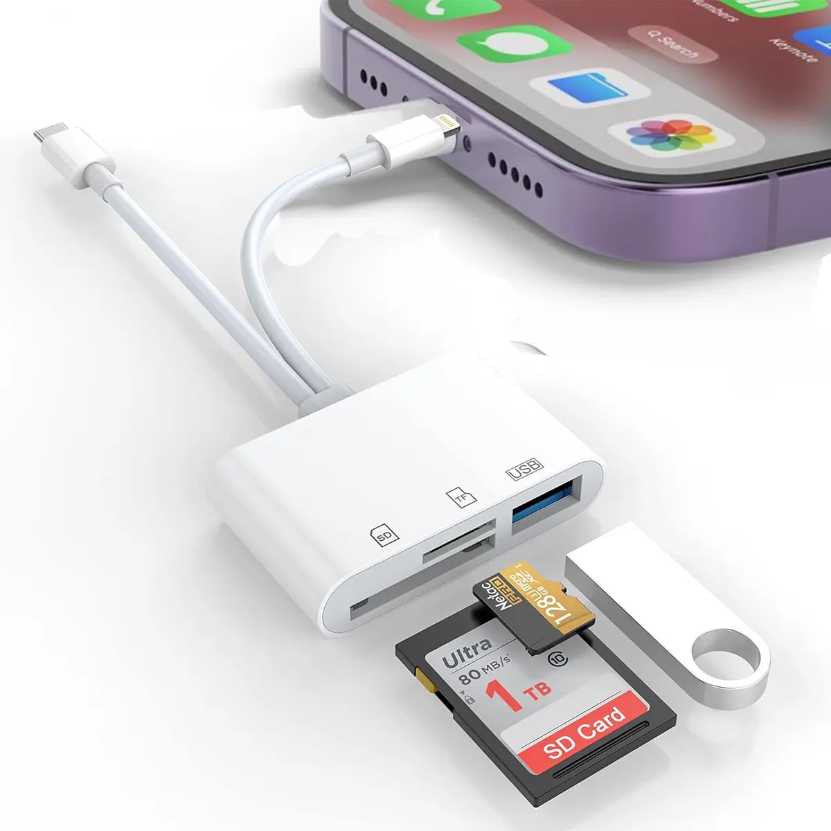 Memory Card Reader for iPhone & USB C Devices, 3 in 1 SD TF Card Adapter with USB Port, Compatible with Cameras, USB Drives, Keyboards and More
