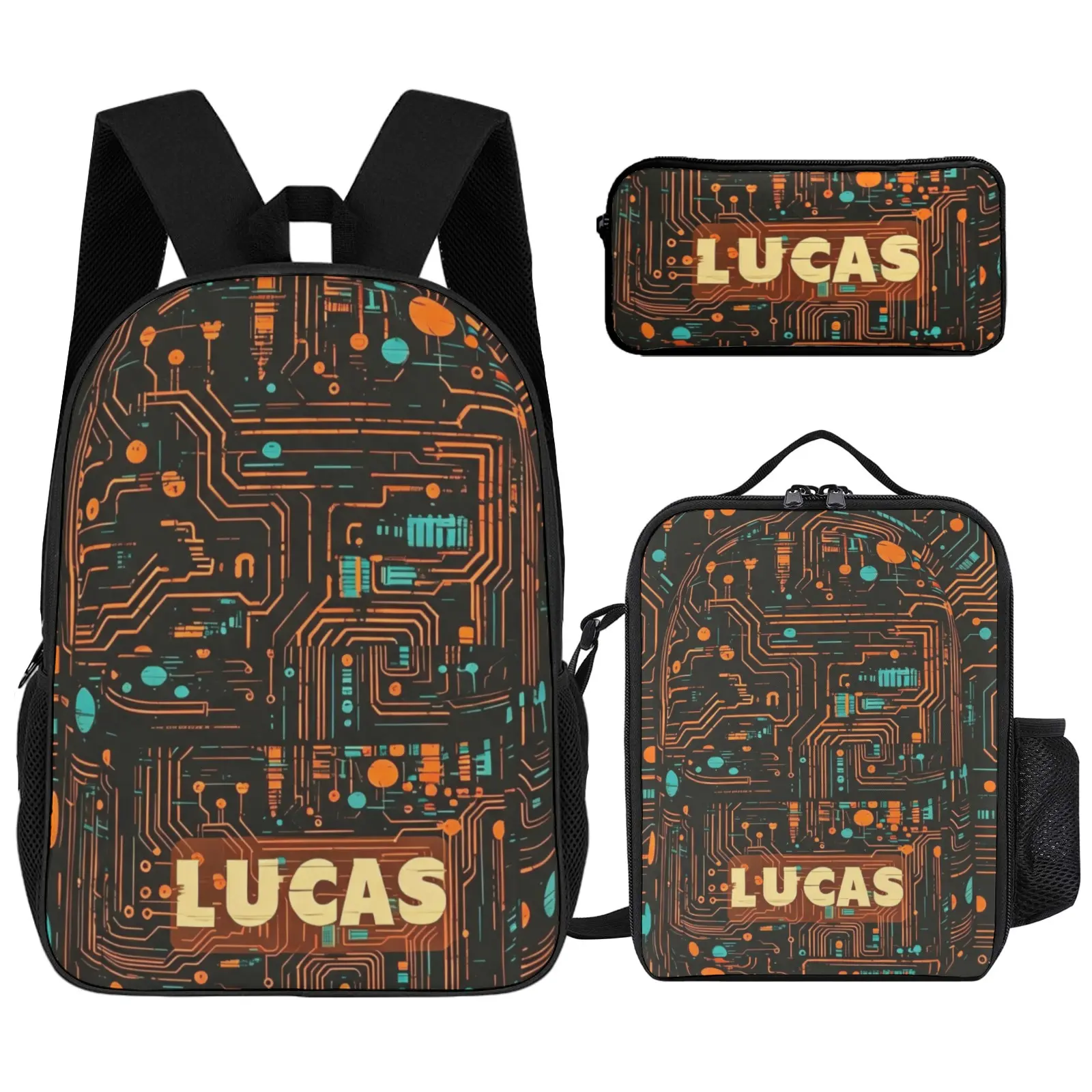 Custom Name Cyberpunk 3-Pieces School Backpack Kit - All-Over Glitch Tech Circuit Board Print, Large Capacity Student Rucksack with Lunch Bag & Pencil Case, Futuristic Back to School Birthday Gift, School Backpacks