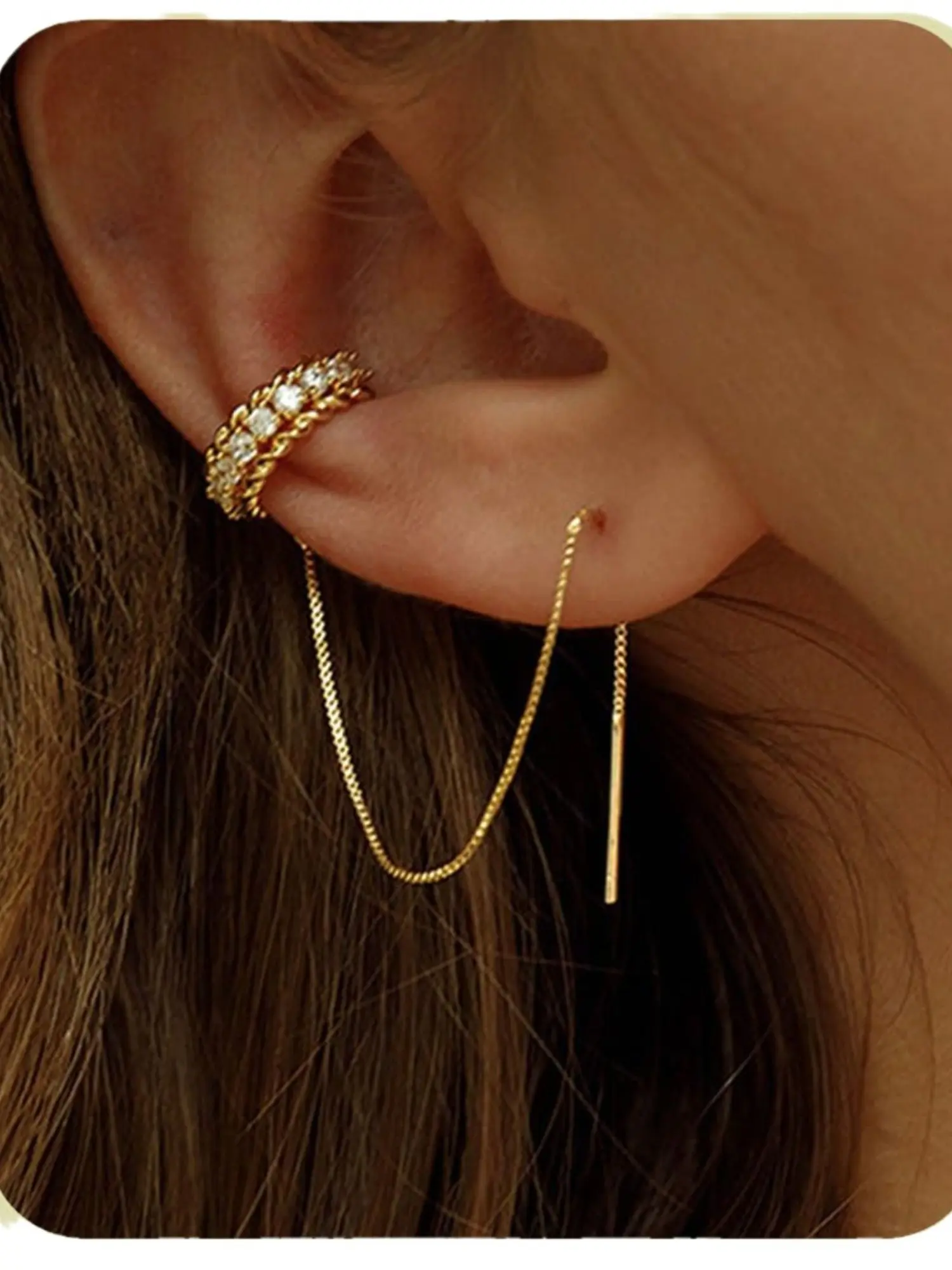 AEONBLULI 14K Gold Plated Chain Ear Cuff Earrings for Women, Sparkling CZ Cartilage Clip On Tassel Threader, Aesthetic Daily Jewelry & Holiday Gift