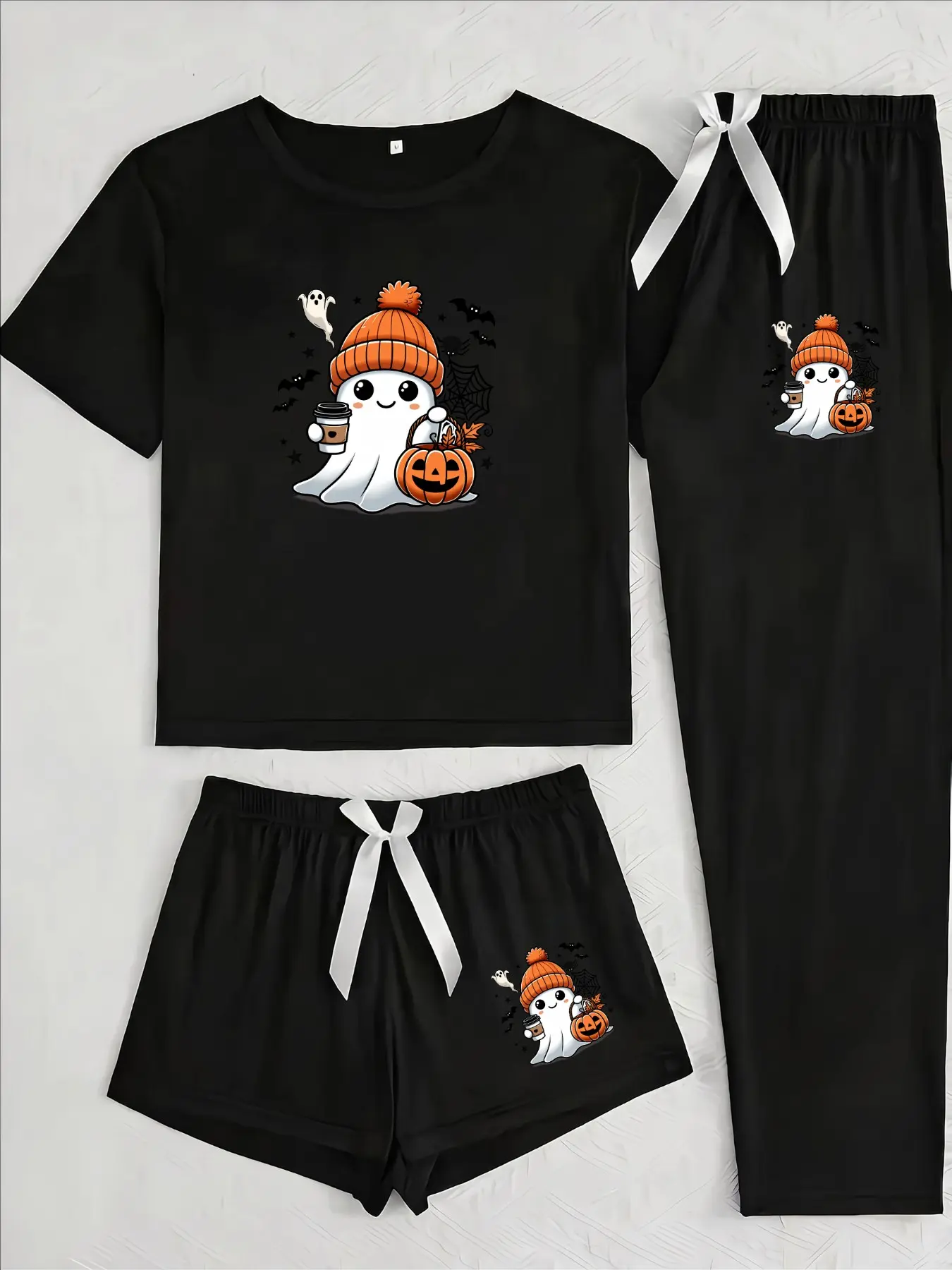 Cute Ghost Women's Three-Piece Pajama Nightwear Set, Cartoon Pattern, Loose-Fitting, Casual Style, All Seasons, Unlined, Plain Surface