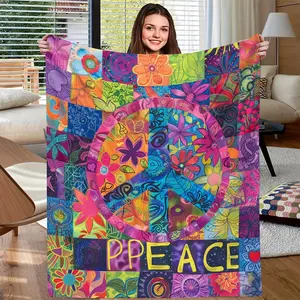 Cozy Flannel Throw Blanket - Vibrant Flower & Peace Sign Patchwork Print - Lightweight All-Season Soft Knitted Bedding - Perfect for Couch, Bed, Camping & Travel - Great Gift for Her or Him