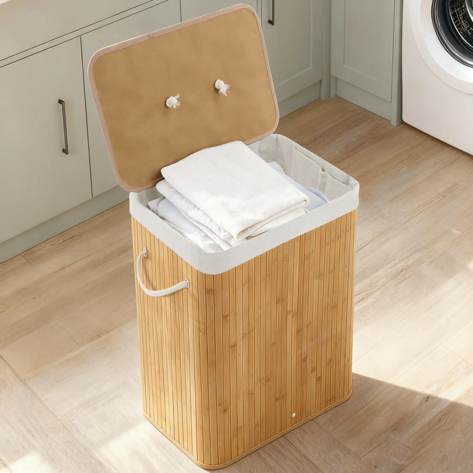 Large Folding Wooden Laundry Hamper with Lid – 106L Slim Wooden Clothes Basket – Removable Washable Liner – Decorative Storage Bin for Bedroom, Apartment, Dorm – Brown or Natural