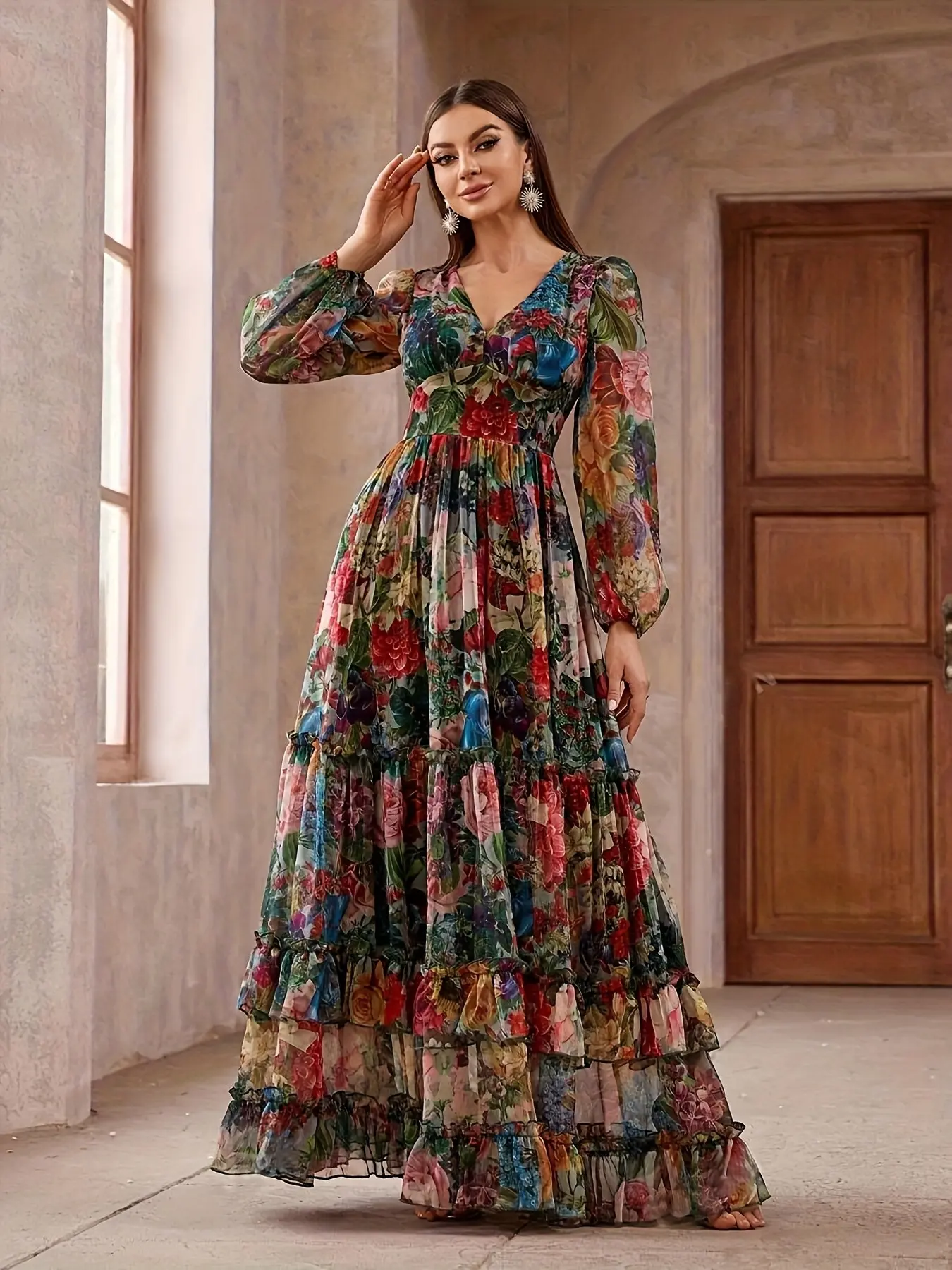 V Neck Cake Dress, Long Sleeve Multi-Layer Ruffle Sheer Long Dress, Boho Style Bohemian Formal Party Evening Gown, Colorful Midi Skirt for Women