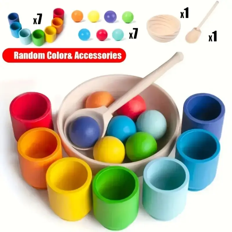 Wooden Sorting Game Set, Rainbow Ball Cup Color Sorting Toy, Shape Sorter, Fine Motor Skills Learning, Educational Sensory Toy, Ideal Gift for Kids