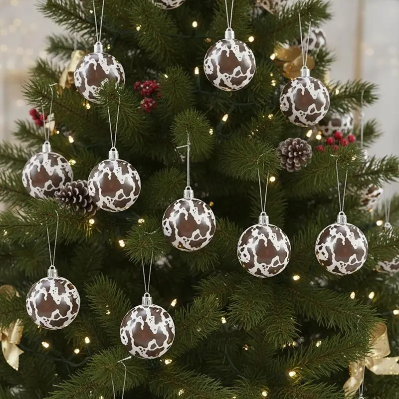 Holiday Hanging Baubles,Christmas Ball Ornaments, Farmhouse Christmas Decor, Cow Print Christmas Ornaments, 12Pcs Cow‑Spot Hanging Baubles for Xmas Decoration.#CowPrintChristmasOrnaments #ChristmasBallOrnaments#FarmhouseChristmasDecor