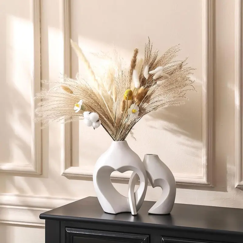 Heart-shaped vase set of 2 pieces - Ceramic vases - Home table decoration - Bohemian style heart-shaped minimalist decorative vase, suitable for coffee tables, weddings, banquets, living rooms, offices and home decoration