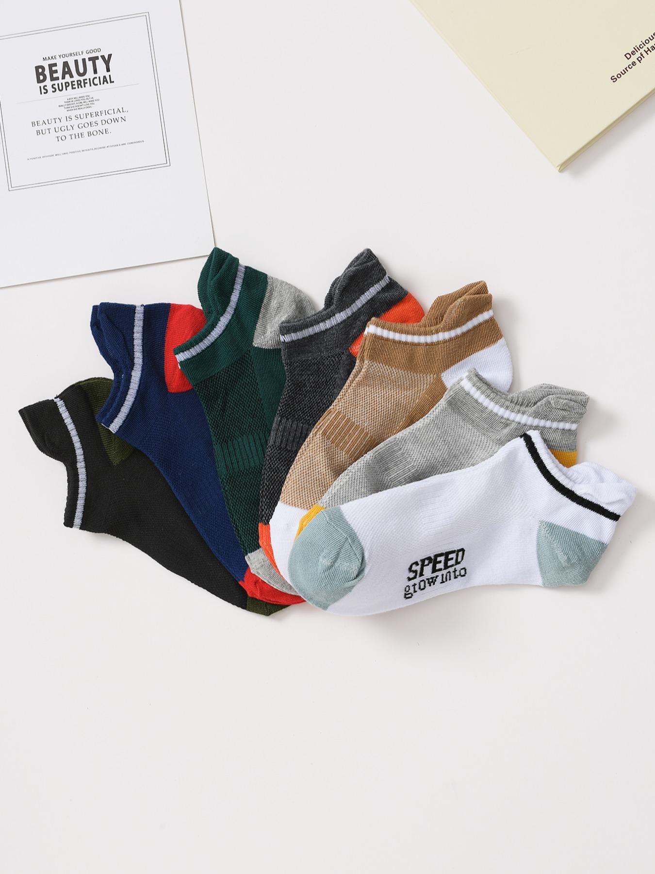 Men's 7 Pairs Colorblock Letter Print Ankle Socks, Knit Crew Socks, Casual Comfy Socks For Men Daily Wear