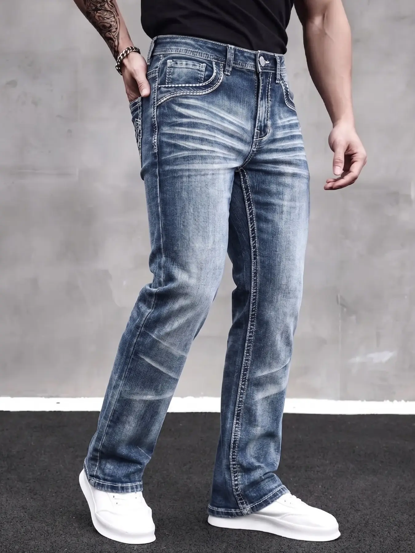 2026 New American Style Men's Jeans, Vintage Washed Cat Hair Craft, Fashionable Slim Fit, All-Season Casual Pants, Embroidered Back Pockets