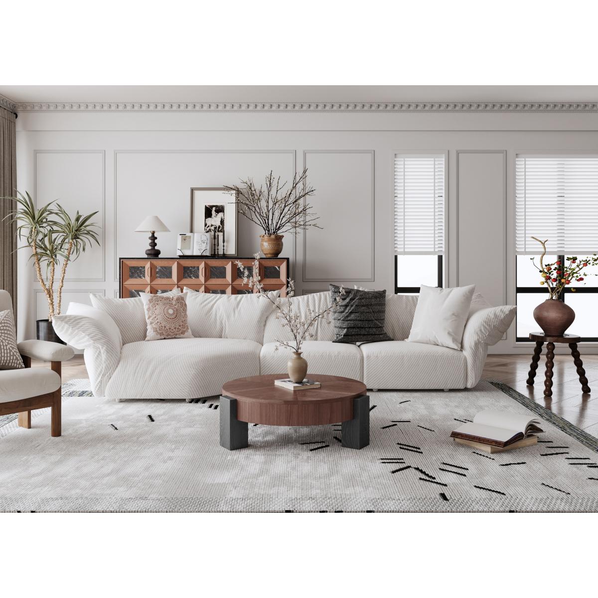 33'' Round Coffee Table with Hidden Storage, Modern Wabi-Sabi Wood Parquet Veneer Top Table, 3 Block Legs Sturdy Center Accent Table for Living Room, Small Space