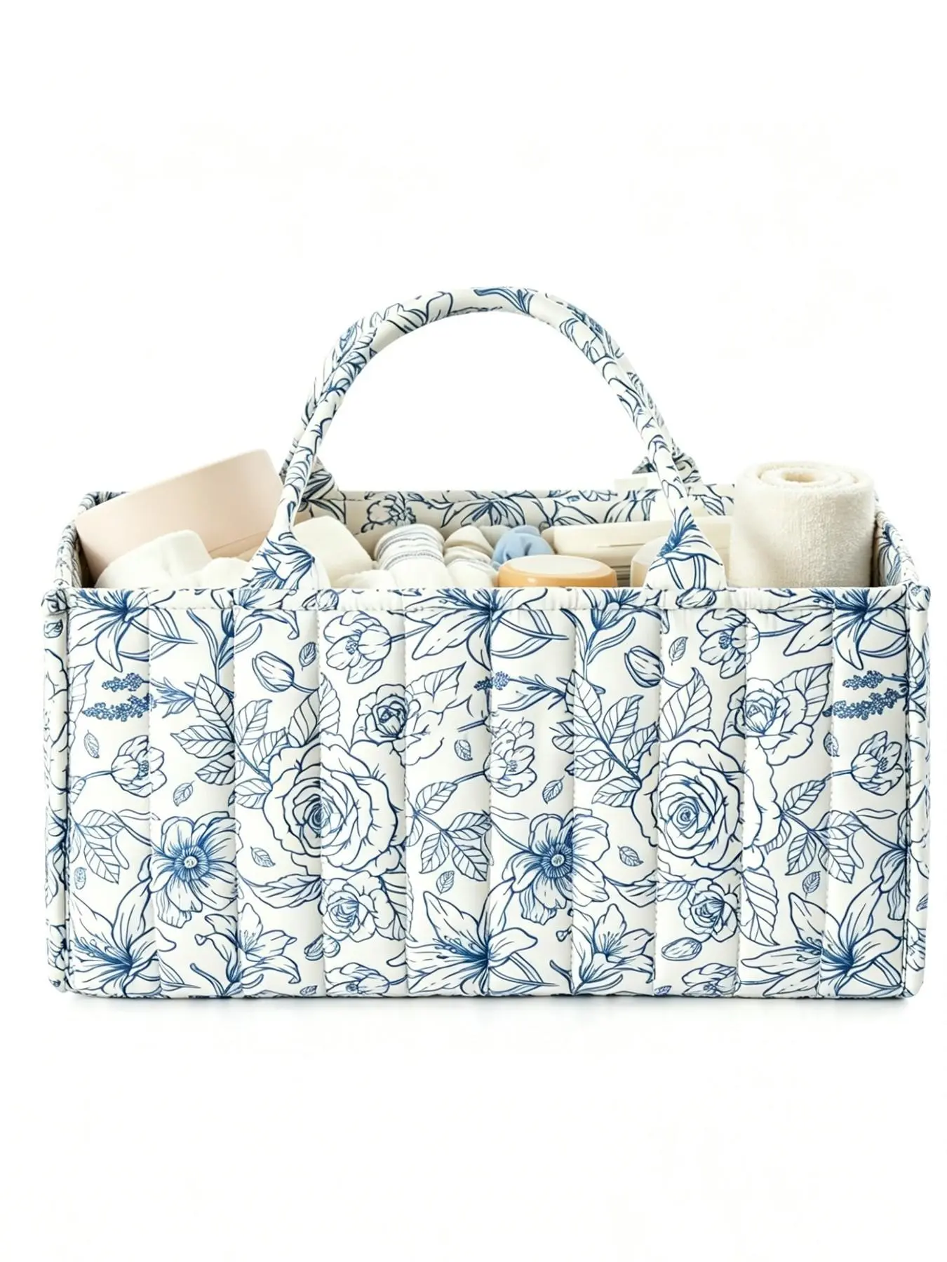Floral print quilted storage basket with handle, large capacity multi-purpose storage bag, soft cosmetic and sundries storage bag, suitable for home and travel