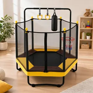 54-Inch Kids Trampoline with Enclosure, Adjustable Gymnastics Bar, Ring, Basketball Hoop, Boxing Bag & Ocean Balls – Indoor-Outdoor Trampoline Workout Accessory for Ages 1-8