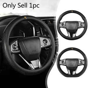 Car Steering Wheel Cover Metal logo Carbon Fiber Texture Anti-Slip Protector Fits For Porsche Cayenne Panamera Macan 911 718 Taycan Boxster Cayman 918 Pajun