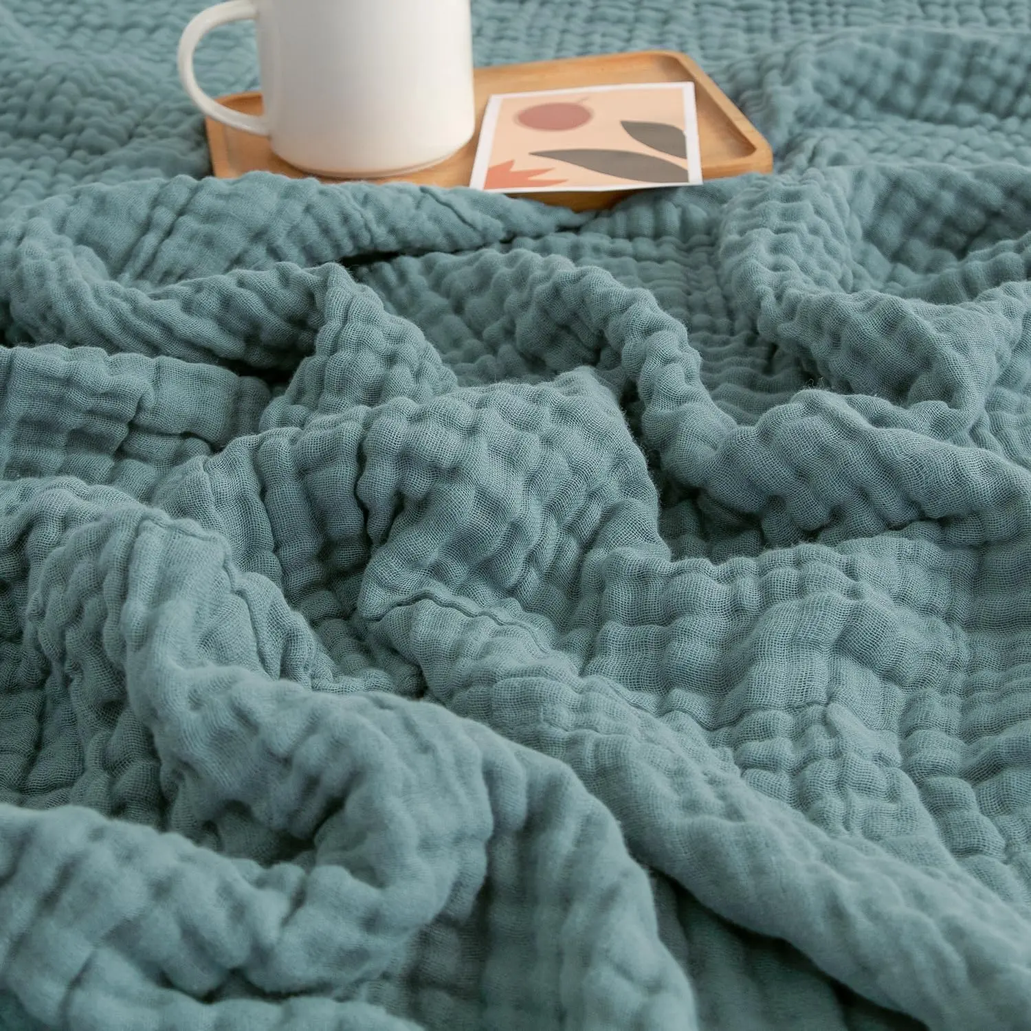 100% Cotton 4-Layer Gauze Muslin Throw Blanket for Adults, Skin-Friendly, Pre-Washed, Breathable, Soft & Lightweight, 1-Piece Rustic Look Blanket for Couches, All-Season Use (Teal, 50"x71"), One-Piece