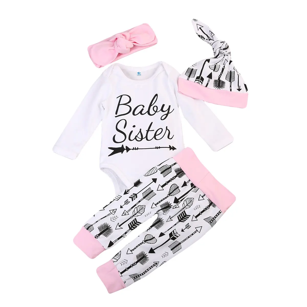Newborn Baby Girls 4Pcs Outfit Long Sleeve Letter Print Romper Arrow Print Jogger Pants Matching Knotted Hat Headband Baby Girl Playsuit Set