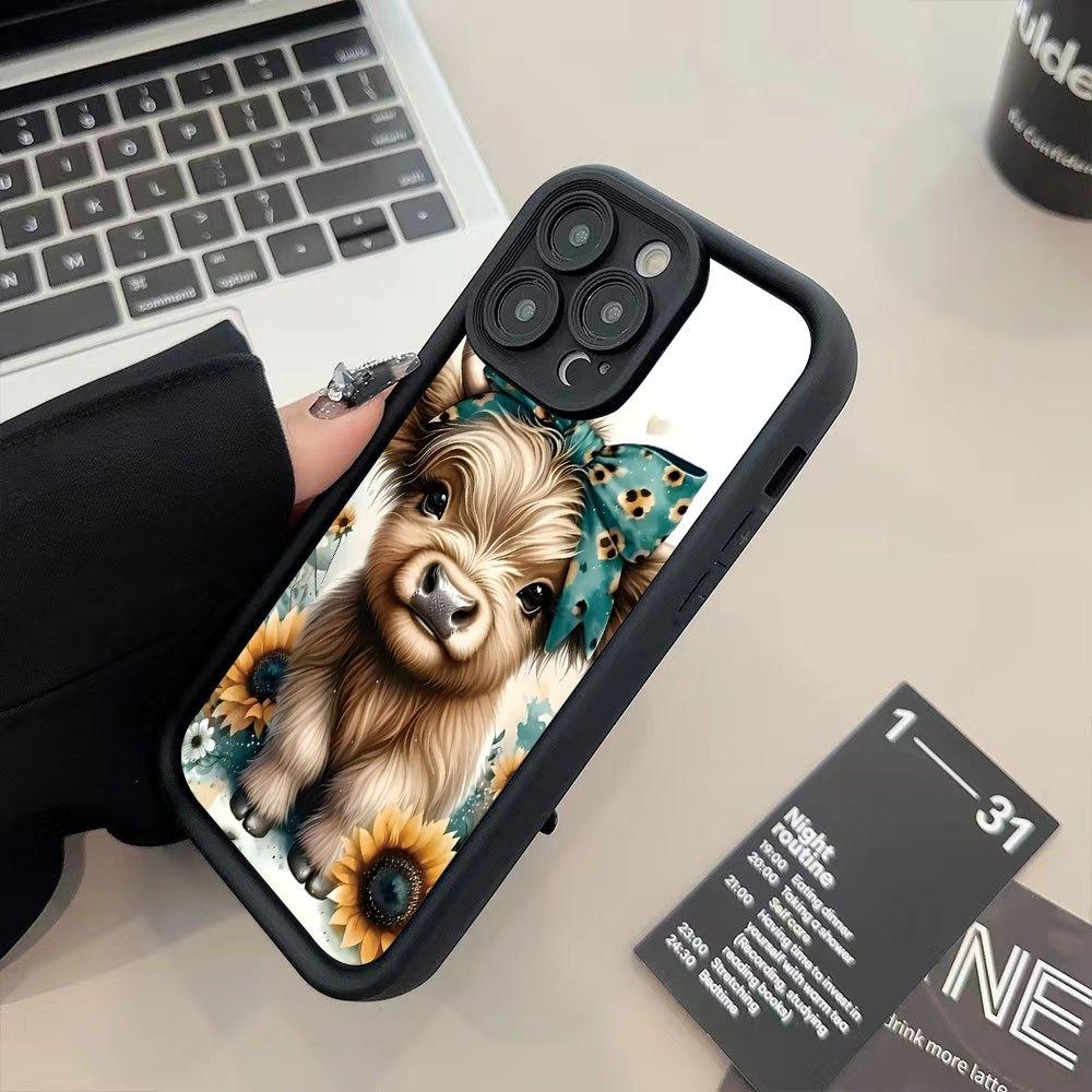 iPhone17 phone case: Scottish Highland Cow and Sunflower creative pattern, New Sky Eye staircase phone case, fun, simple, stylish, trendy and personalized for both men and women, suitable for iPhone17, 16, 15, 14, 13, 12, 11