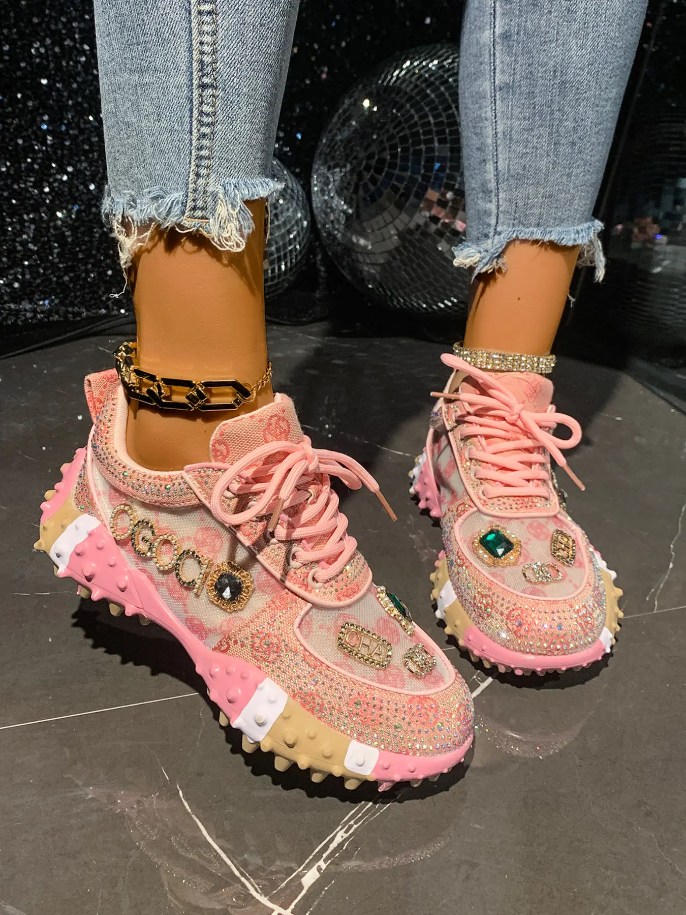 Women's Rhinestone Chunky Fashion Glitter Design Sneakers - Full Bling Sparkly Thick Sole Platform Shoes, Lace-Up Casual Party Bedazzled Trainers Walking Shoes