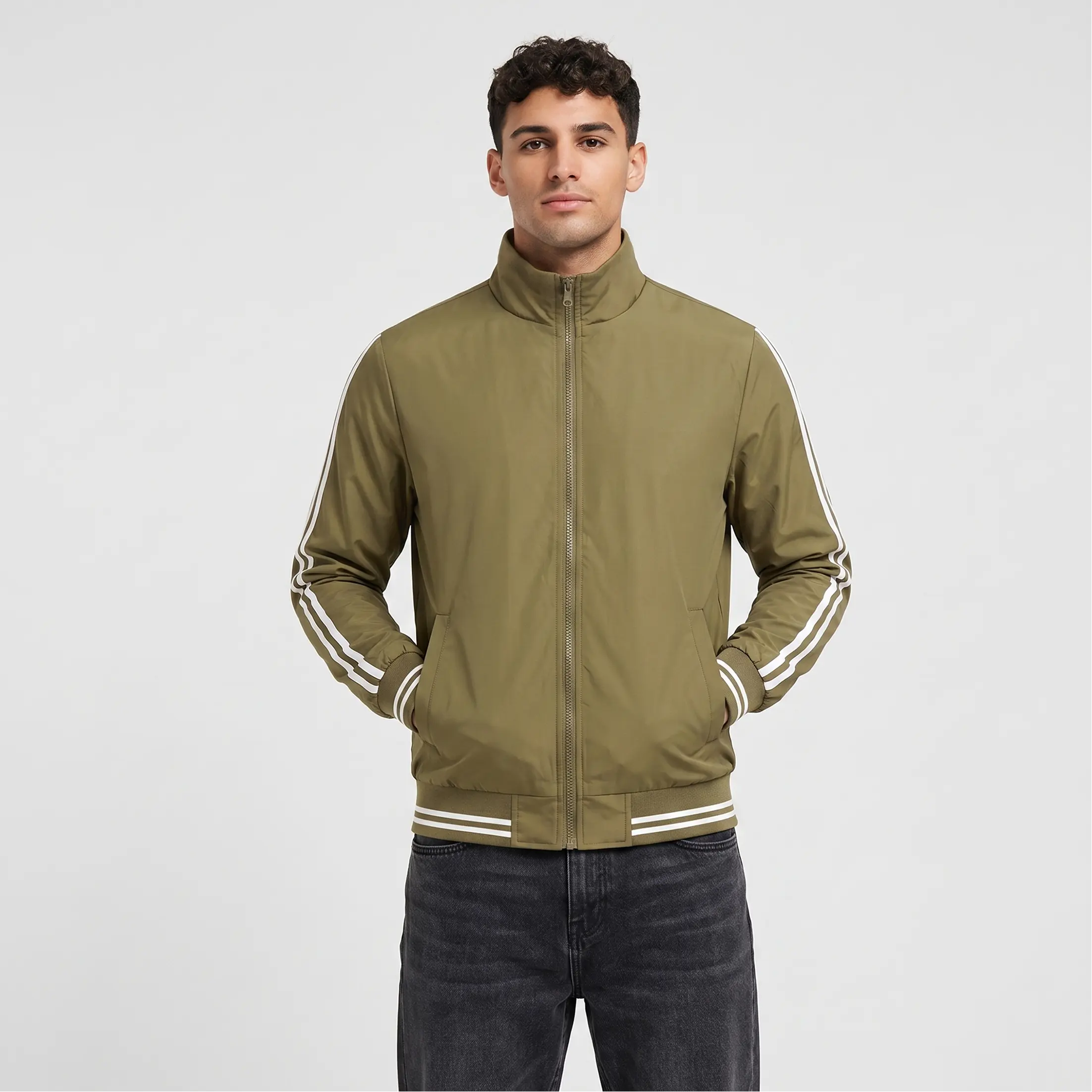 Men's Lightweight Bomber Jacket, Striped Streetwear Top in Thin Fabric with Ribbed Cuffs and Zip Front for Sports