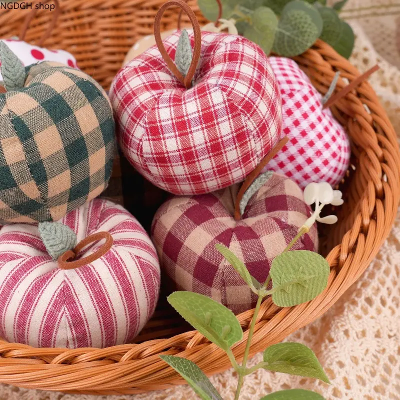 Buffalo Plaid Fabric Apple Ornaments Stuffed Cloth Apple Decor Farmhouse Bowl Filler Rustic Fall Tiered Tray Decor Hanging Fruit Ornament For Kitchen Shelf Thanksgiving Home Display