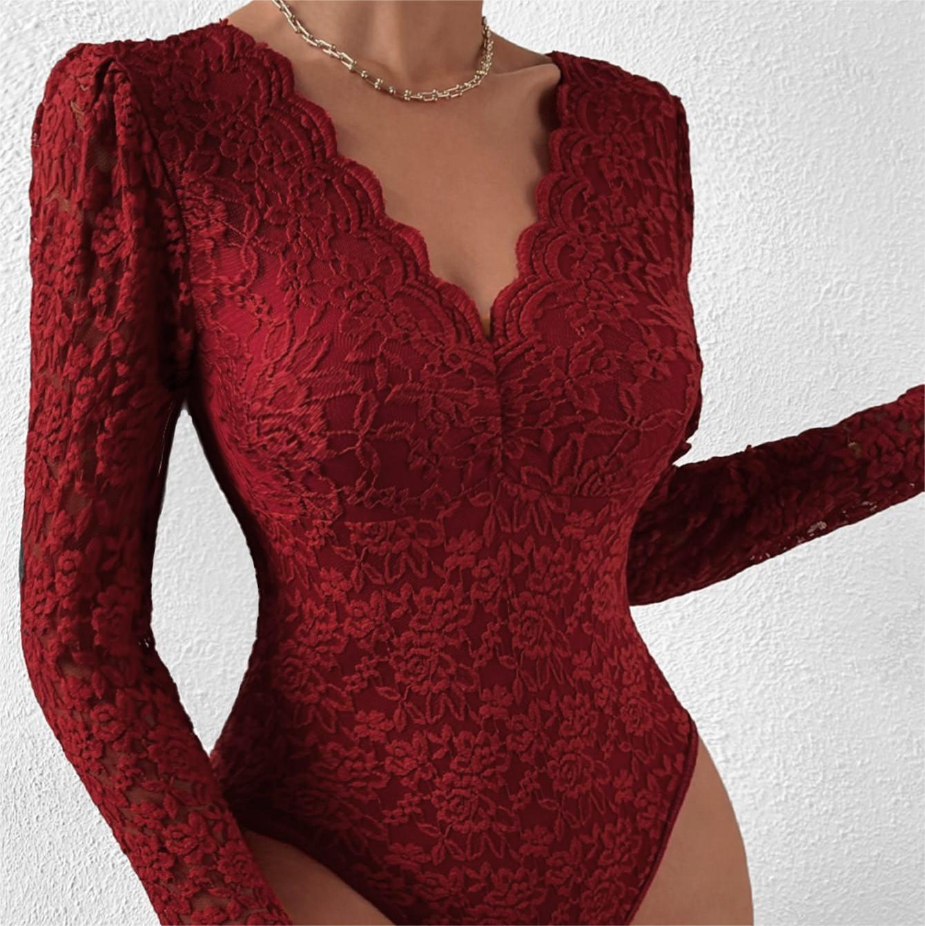 ChromaChic LEE Christmas Womens Elegant Lace Long Sleeve See Through Jumpsuit Sheer Bodysuit with Back Bow Hand Washable Wedding Night Dress Valentines Gift Bridal Lingerie lencería  fina