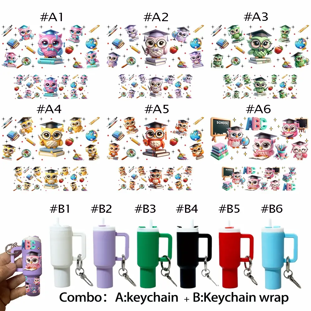 12-In-1 DIY Mini Keychain Set, Includes 6pcs Owl Pattern UV DTF Stickers & 6pcs Mini Cup Keychains, Perfect for Backpacks & Party Gifts, DIY Kit