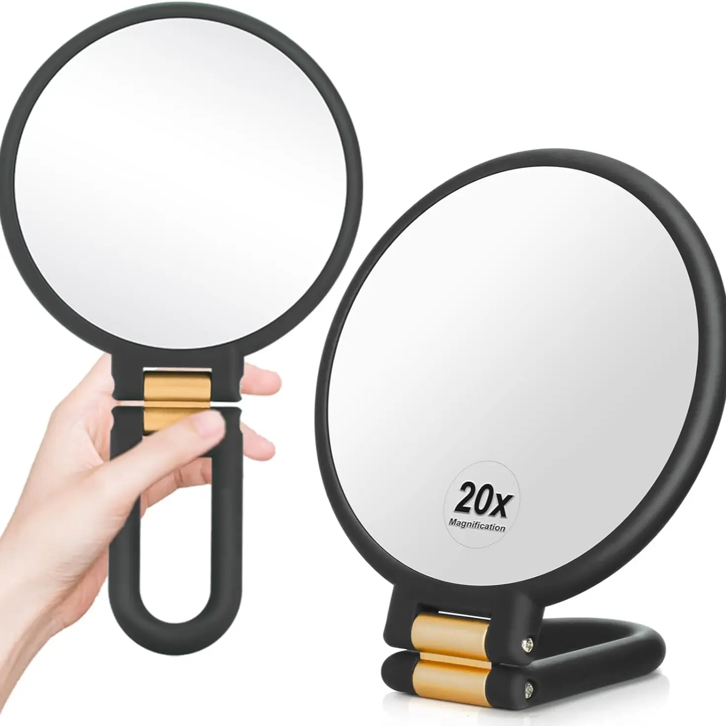 1x 20x Magnifying Travel Mirror, Hand Mirror with Handle - Double Side Hand Held Mirror with 1x 20x Magnification & Foldable Handle, Portable Travel Makeup Hand Mirror for Women Gifts (Black), Double Sided Mirror