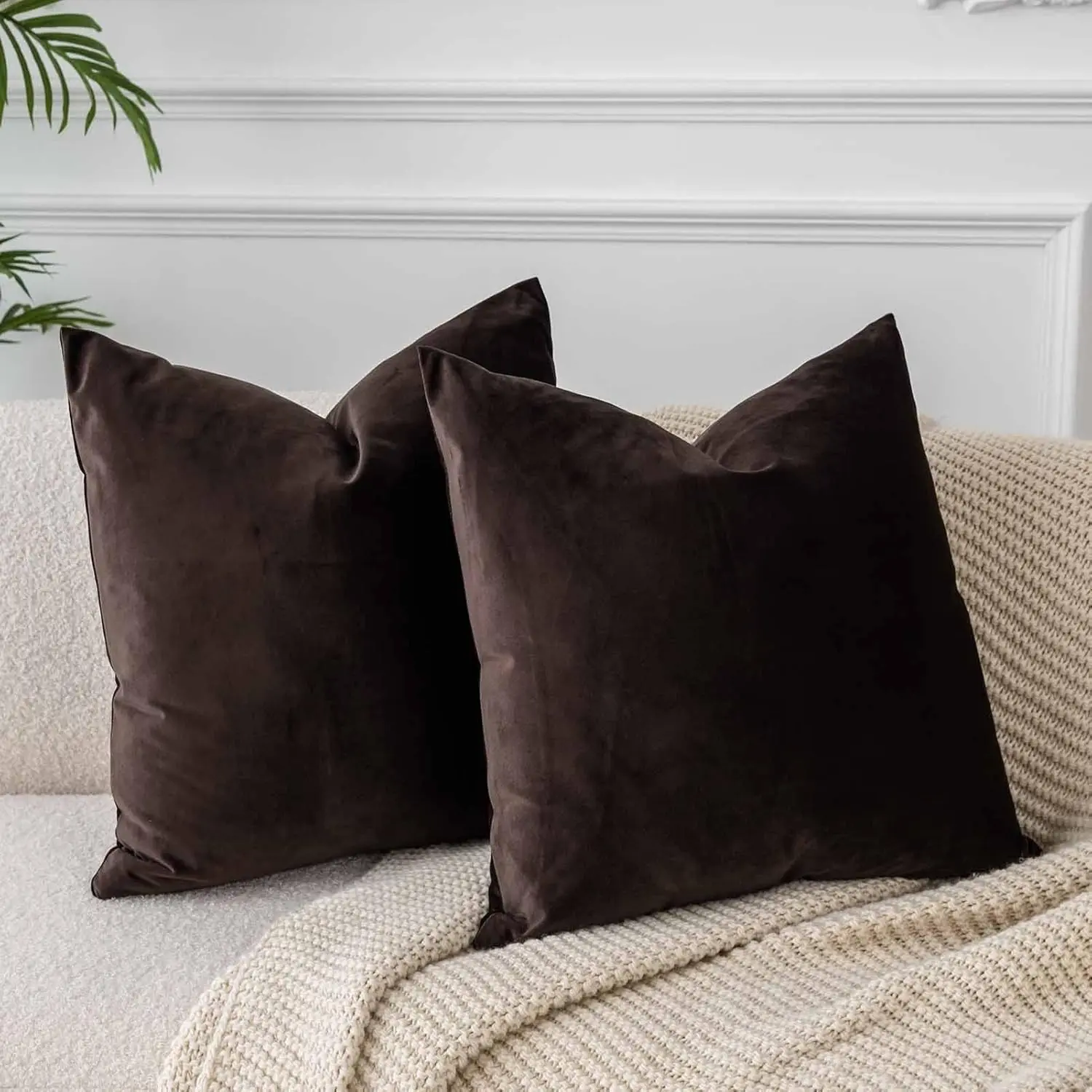 24x24 Square Velvet Decorative Throw Pillow Covers, 2-Piece Set Pack, Coffee Soft Cozy Cushion Covers with Invisible Zipper for Couch, Sofa, Bed, Room Decor