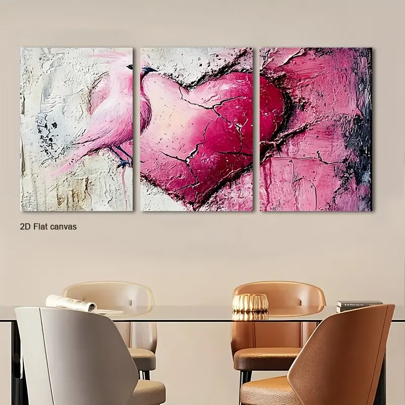 Love Theme 3-Piece Wood Framed Canvas Wall Decorative Painting with Pink Birds and Split Hearts - Ready to Hang Home Decor - Valentine's Gift for Couples, Living Room Use