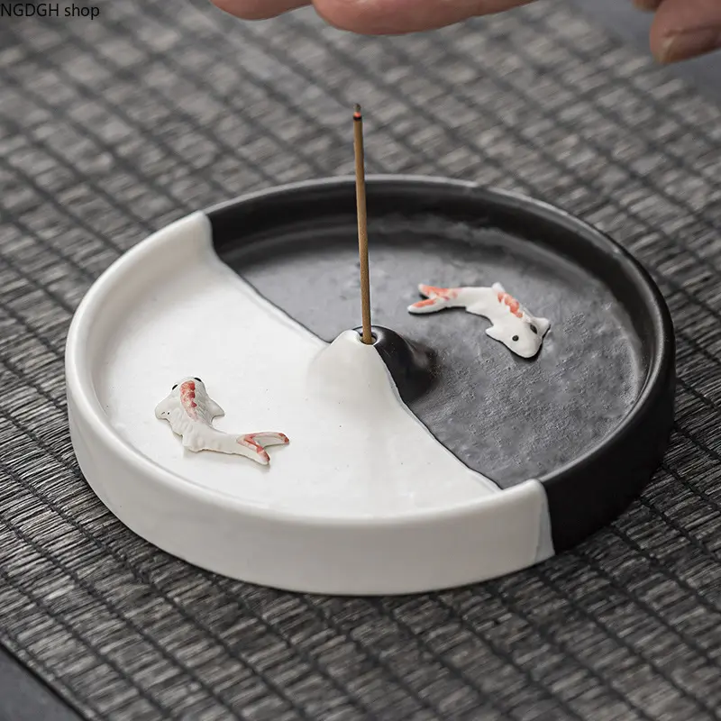Ceramic Incense Holder - Yin Yang Koi Fish Patterned Room Accessory, Stress Relief Indoor Soothing Round Burner Tray for Home Altar, Mindfulness Gift (Sports & Outdoor Complementary Decor), Room Accessories, Indoors