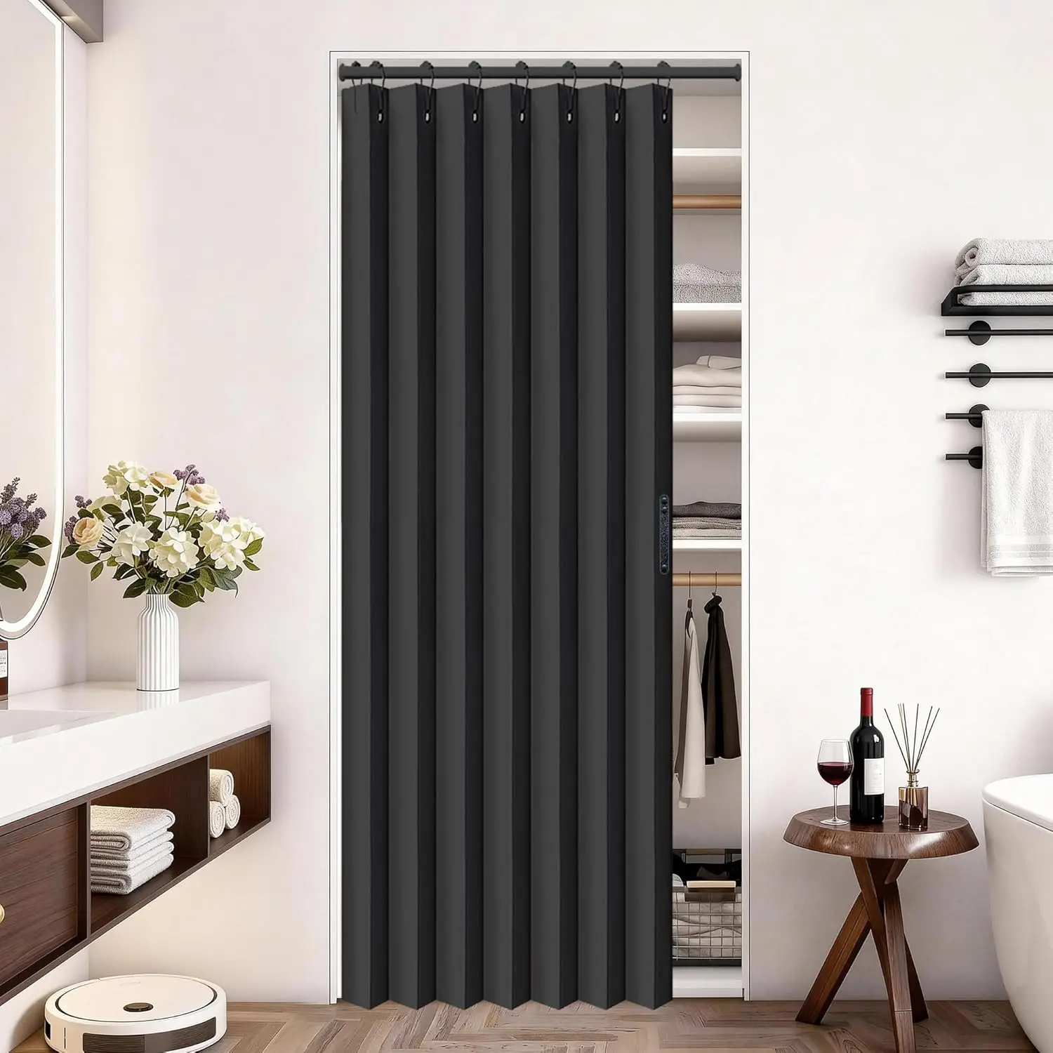 Closet Door Room Divider Drapes, Pleated Folding Style Curtains for Doorways for Bedroom Door,1 Panel with Tieback, W39 x L78, Black