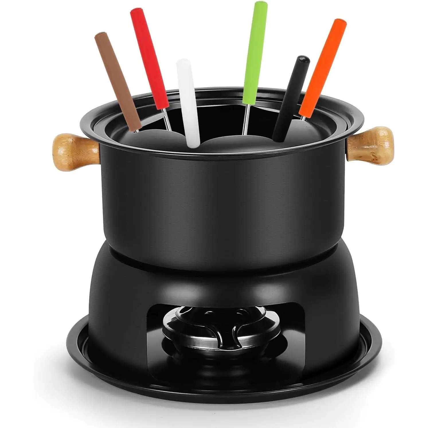 Cast Iron Cheese & Chocolate Fondue Pot Set with 6 Colored Forks, French Fondue Kit for 4-6 People, Ideal for Camping Home Party, Black